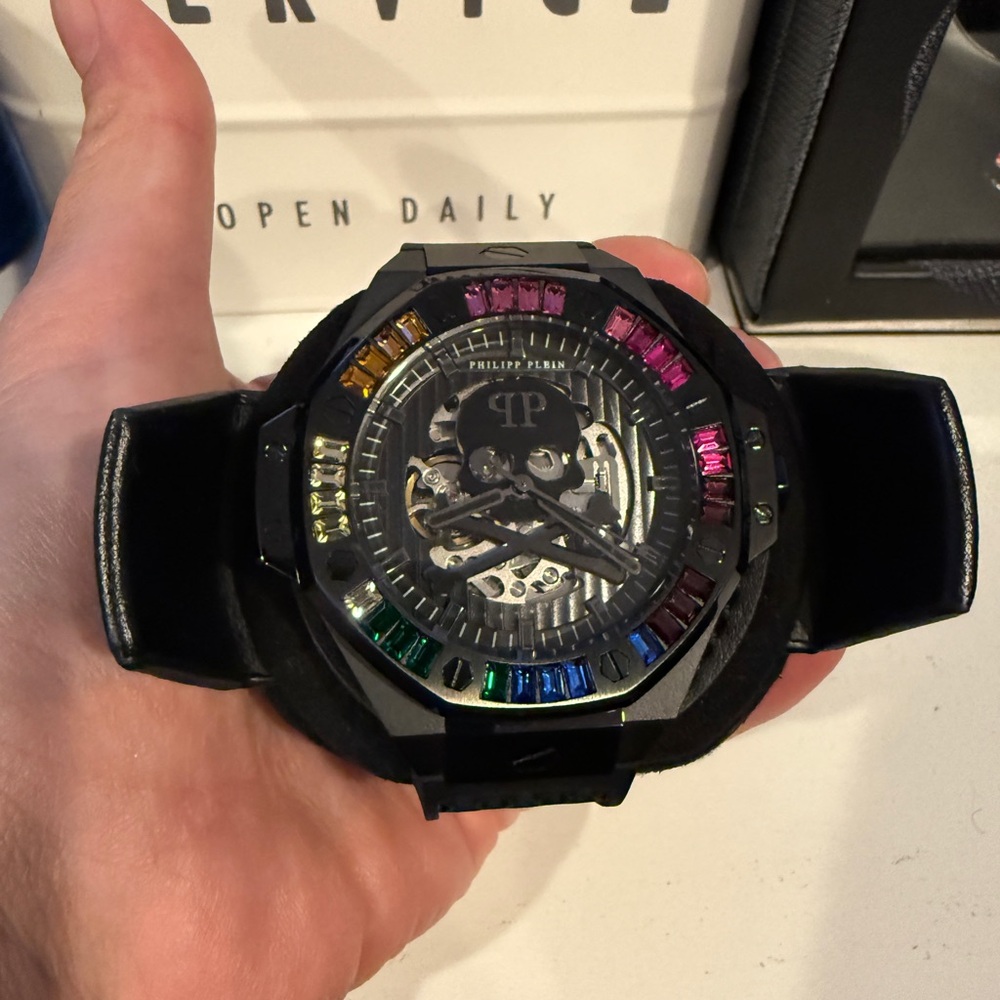 Philipp Plein Skeleton Royale Rainbow Crystal Bezel Watch 46mm